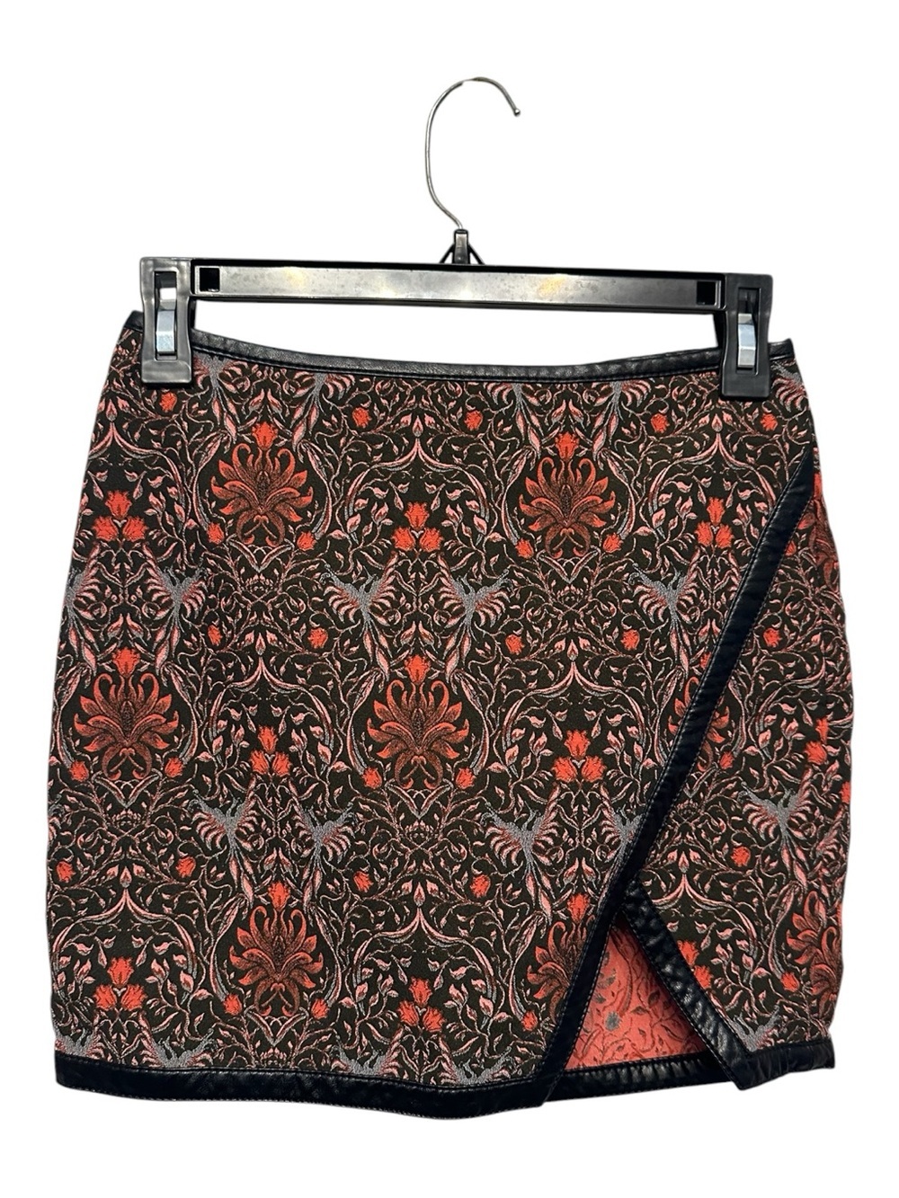 Express Faux Leather Black Trim Mini Skirt with Ornate Rust Floral Jacquard 00